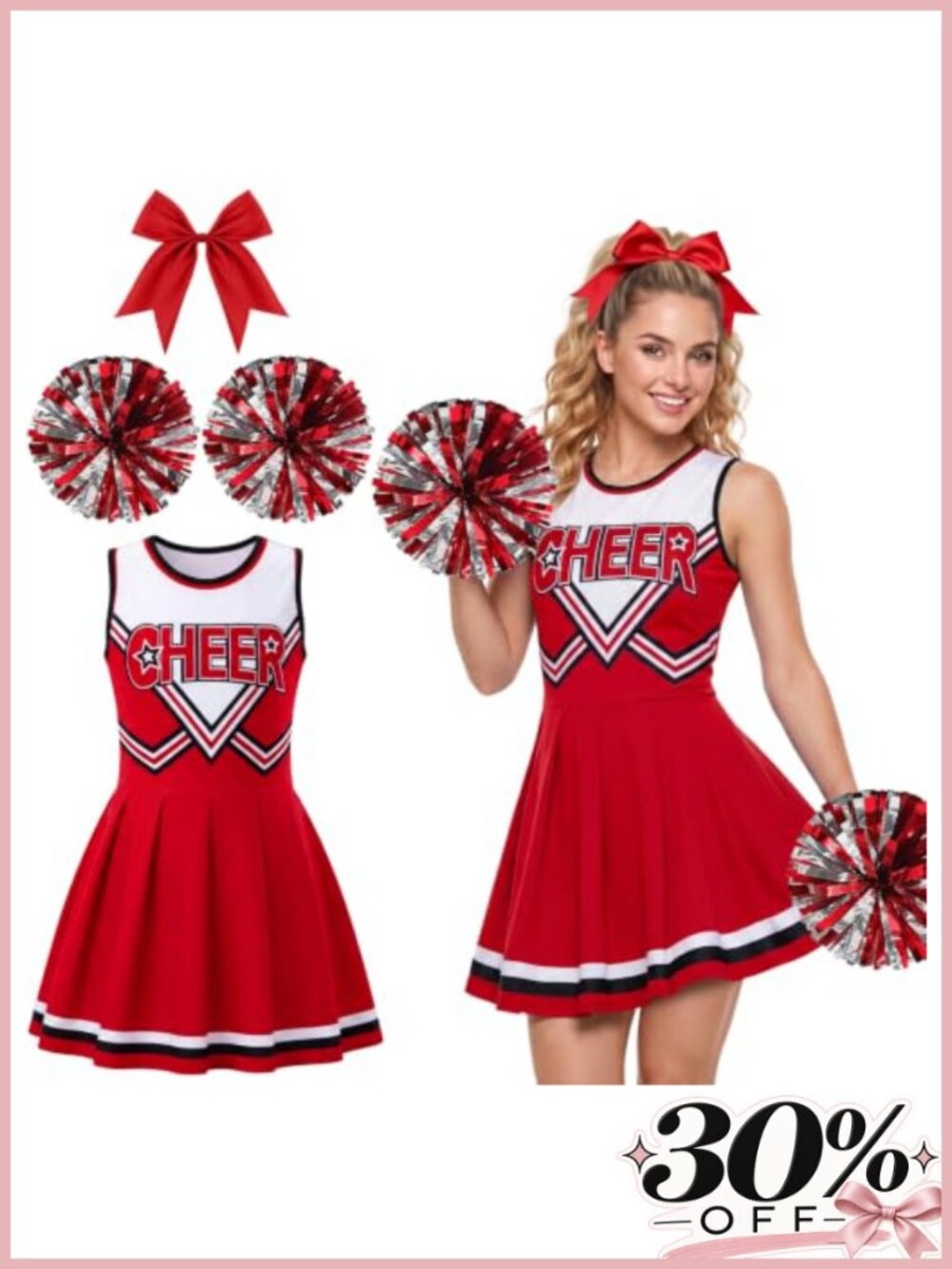 Cheerleader Costume Set Women's Polyester Dress Pom Poms Hair Bow Cosplay
